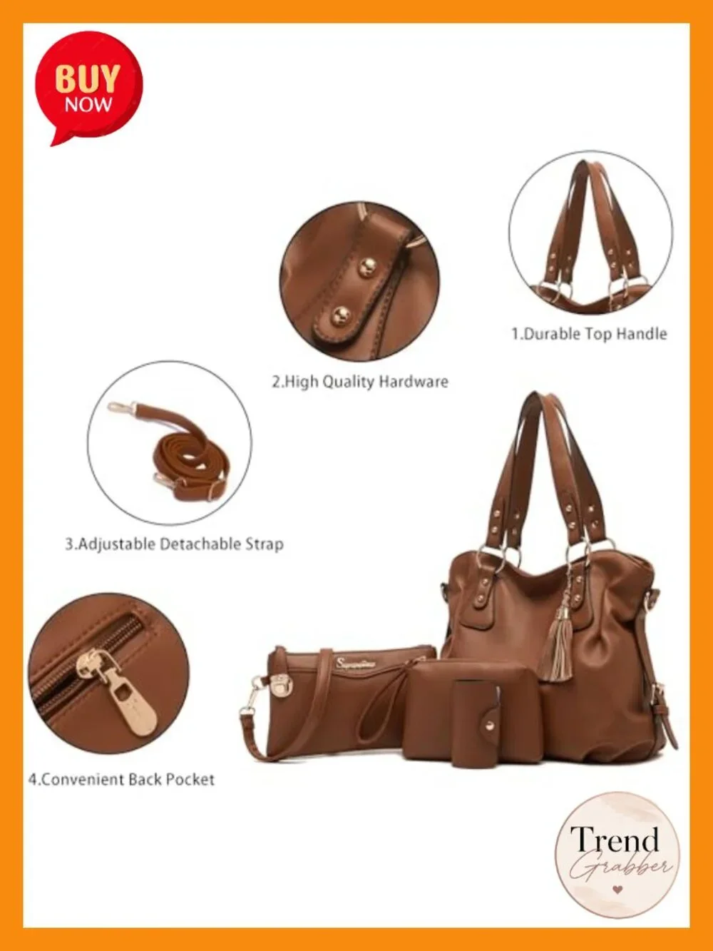 Vegan Leather Hobo Tote Handbag Set 4pcs Large Capacity Detachable Strap